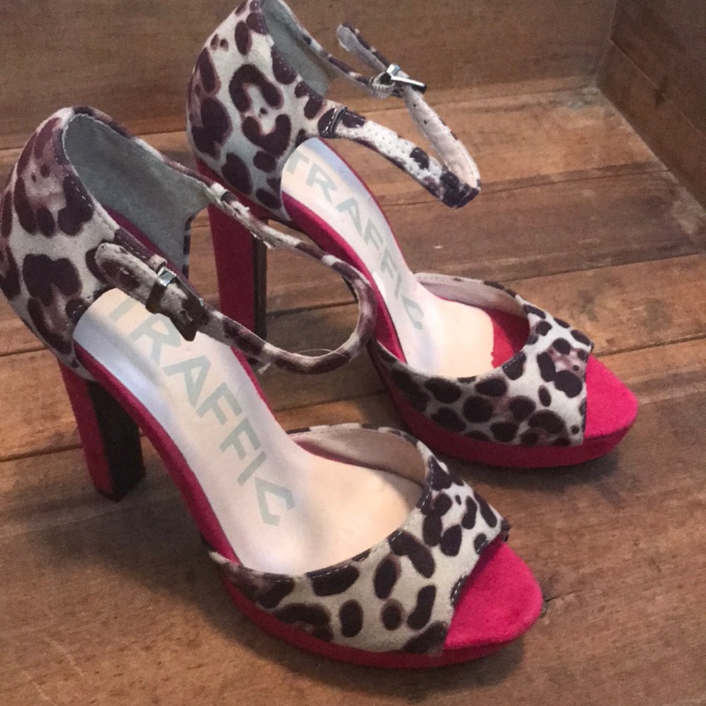 Traffic pink leopard faux velvet suede block heels